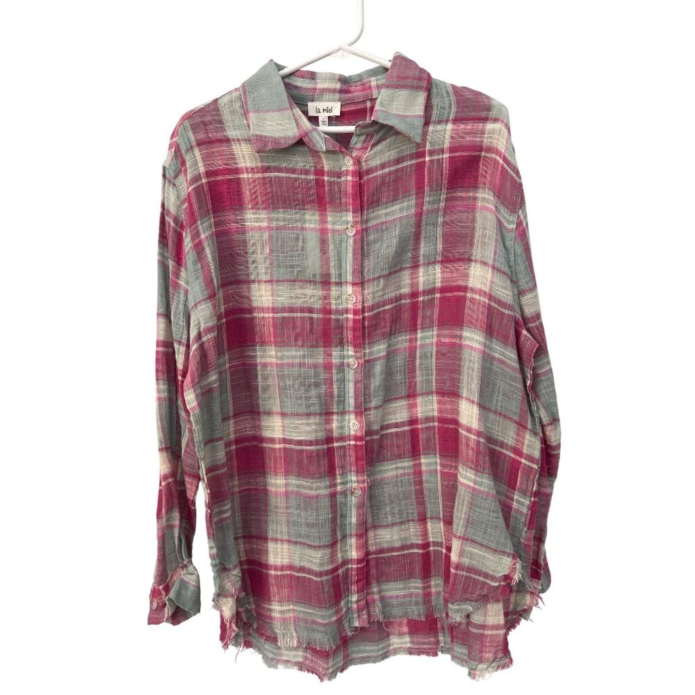 La Miel Plaid Button Front Shirt Size Large Frayed Hem Pink Gray Relaxed Fit NEW
